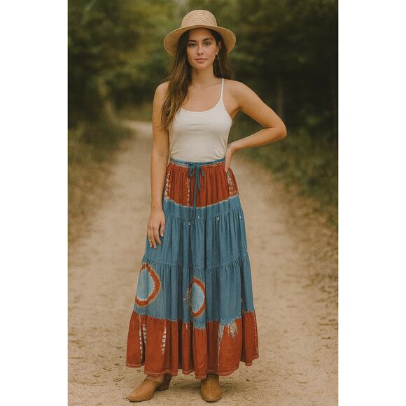 First Vision by Shirin VTG Free Size Tiered Boho Gypsy Hippie Maxi Skirt Beaded - Picture 1 of 5